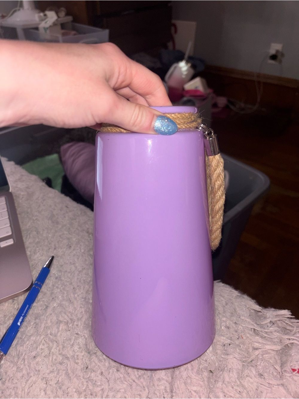 Purple Ceramic Vase with Rope Accent